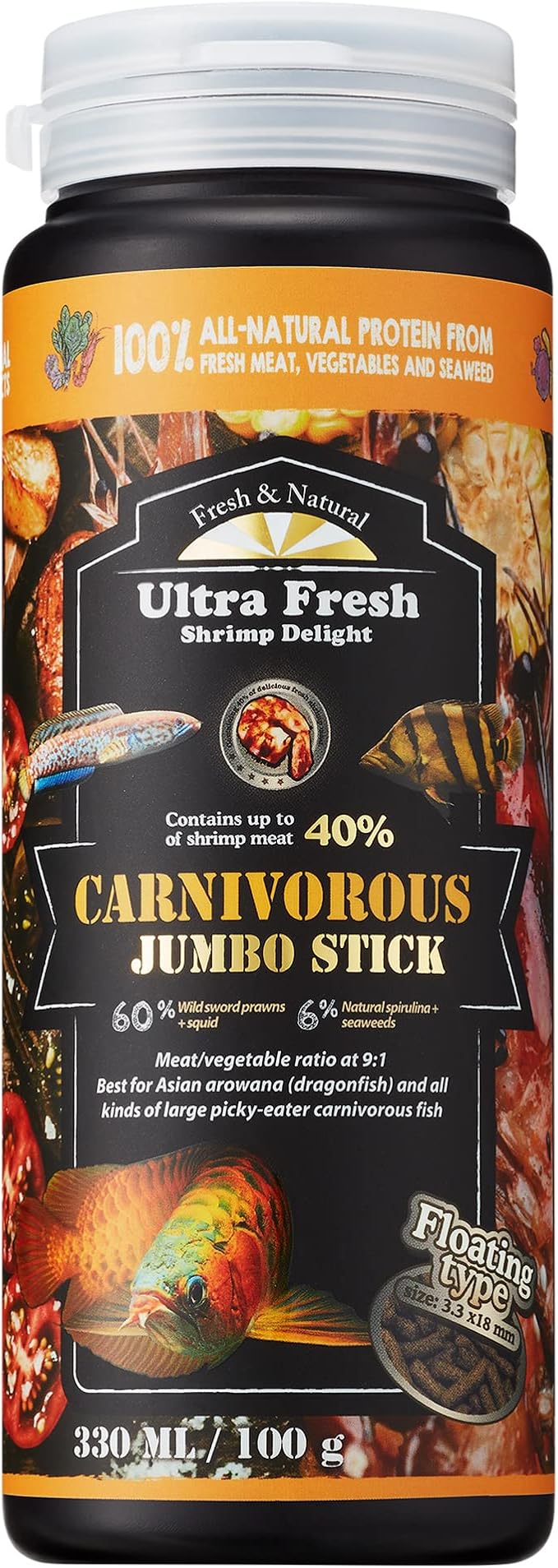 Ultra Fresh Monster Fish Food, Wild Sword Prawns, Floating Sticks for Oscars, Bass, Large Cichlids and Tropical Fish, Carnivorous Jumbo Stick 3.53 oz