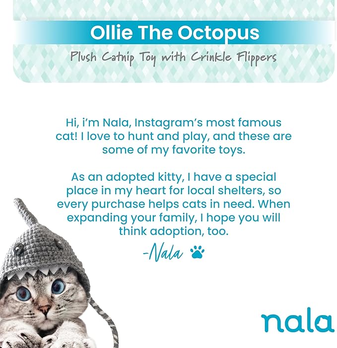 Caitec Presents Nala Cat Ollie The Octopus - Catnip Toy - Interactive Cat Toy - Chew Toy - Pillow Toy, 2 Pack