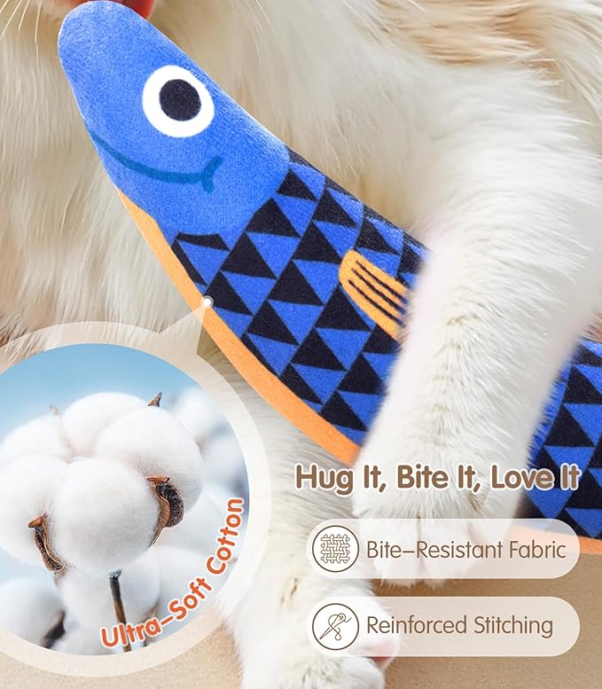 Interactive Cat Toys with[5000mg Premium A+Catnip][Baby Grade] Soft Chew Kicker Cat Toys for Indoor Cats & Kittens, Crinkle &Rattle Fish Sound Toy, Drives Bored Cats Crazy with Fun,2 Pack