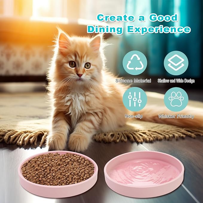 Silicone Dog Bowl Shallow Cat Food Bowls, 6 Inch Wide Cat Bowls Whisker Friendly, No Spill Less Mess Dog Plates for Dry and Wet Food, Set of 3 Puppy Bowls for Small Dogs and Cats