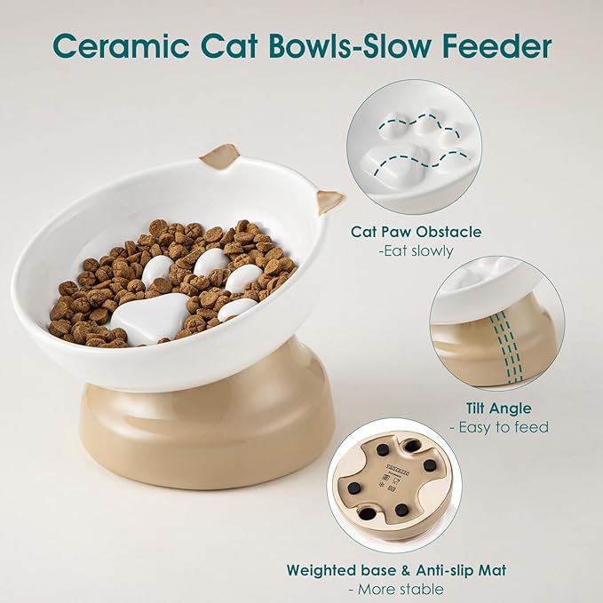 vancasso Raised Slow Feeder Cat Bowls, Ceramic Elevated Cat Bowls Wet Food, Cats Food Bowl Slow Feeder for Indoor Cats (Brown)