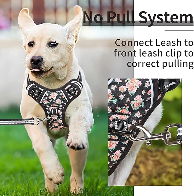 HEELE Dog Harness Harness for Small Dogs No Pull Dog Vest Harness for Small Dog with Soft Padded Handle Reflective for Outdoor Training, Flower-Black, XS