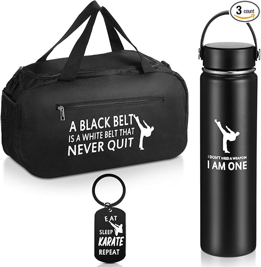 Layhit 3 Pcs Karate Gifts for Boy Girl Include Large Martial Art Duffel Bag 24 oz Stainless Steel Sport Water Bottle Karate Keychain Taekwondo Gifts for Sport Active Athletes Gym Back to School