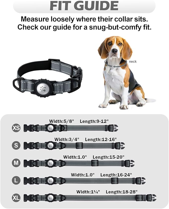 TagME Airtag Dog Collar,Waterproof Reflective Pet Collar with Airtag Holder,Soft Padded and Double D-Rings for Large Dogs,Grey