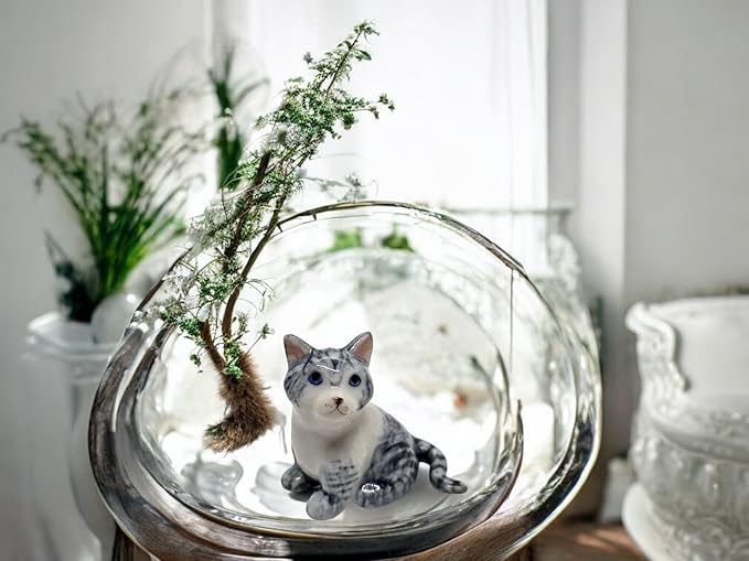 WitnyStore Tiny 1½" Gray White Tabby Shorthair Cat Sitting Look Left Figurine - Miniature Hand Made Painted Ceramic Cats Kitten Feline Animal Cute Porcelain Decorative Collectible Figures Décor Gifts