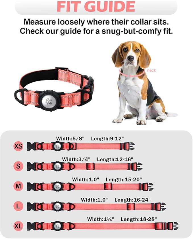 TagME Airtag Dog Collar,Waterproof Reflective Pet Collar with Airtag Holder,Soft Padded and Double D-Rings for Puppy,Baby Pink
