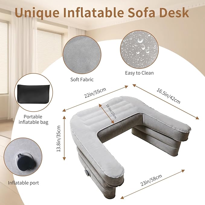 Inflatable Reading Pillow for Gaming Foldable Soft Lap Desk Pillow for Reading Working Gaming Pillow Lep for Bed, Arm Rest Pillow for Adult, Laptop Pillow for Lap in Bed Floor Sofa Couch Camping