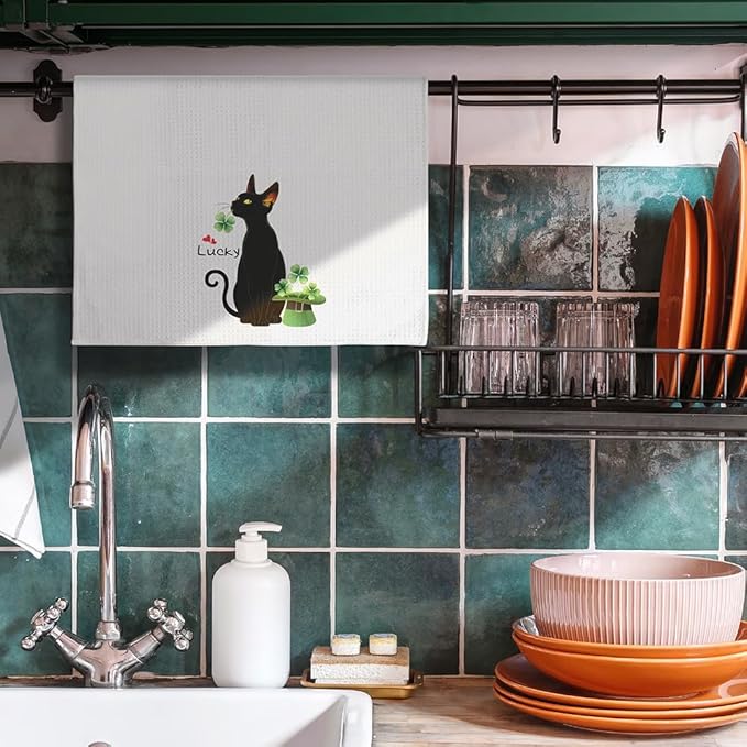 Black Cat Gifts,Shamrock St. Patrick's Day Cat Dish Towels,Cat Kitchen Towels,Cat Hand Towel,Cat Mom Gifts,Gifts for Cat Lovers for Women,Cat Lady Gifts,Crazy Cat Lady Gifts,Black Cat Gifts for Women