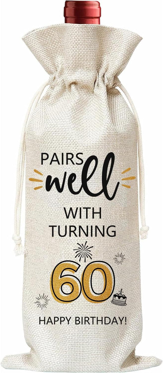 60th Birthday Gifts for Women Men, Funny Birthday Decorations Wine Gift Bag, Happy 60th Birthday Gift Ideas for Mom Dad, Party Favors Wine Bags, Wine Decor, 60 Years Old Birthday Party Supplies