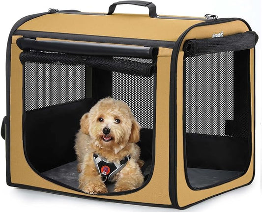 Dog Car Carrier Light Weight, Dog Carrier for Cars Easy to Assemble, Dog Cars Crate Portable and Breathable, Foldable Pet Carrier for Both Indoor and Outdoor Use, Dogs Travel Crate with Curtain Brown