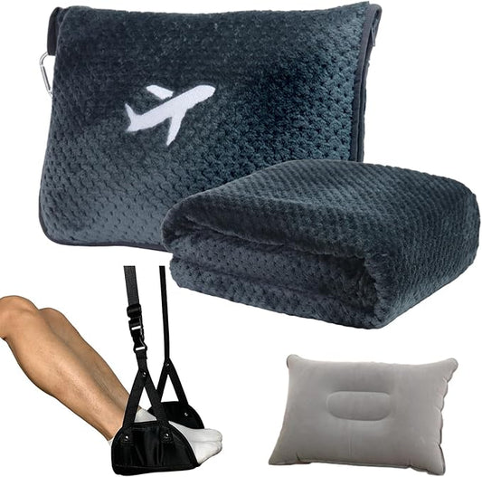 4 in 1 Travel Blanket and Pillow Set with Airplane Footrest - 350 GSM Thick Travel Blanket Airplane Compact with Bag, Inflatable Pillow, Foot Hammock for Plane Travel (Dark Grey)