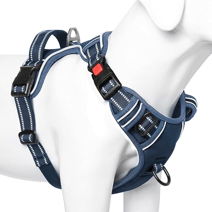 Timos Dog Harness Medium Sized, No Pull Pet Harness with Neck Lockable Snap,No Choke Front Clip Dog Reflective Vest,Adjustable Metal Rings 3 Buckles,Easy Control Handle for Medium Dogs Royal Blue M