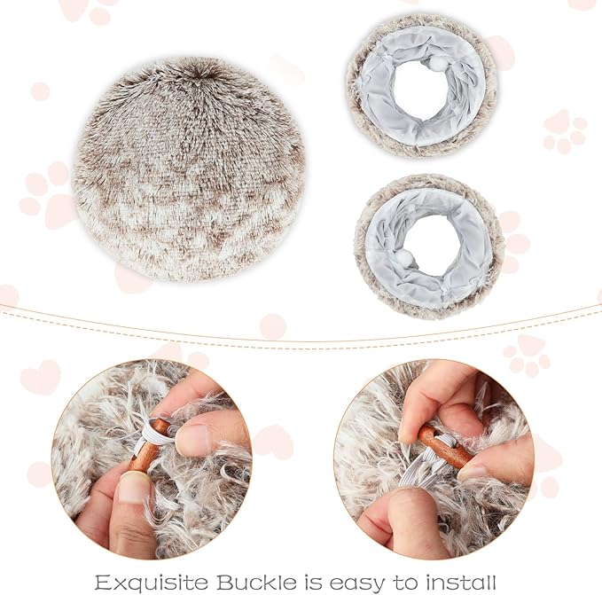 Plush Cat Tunnel Bed for Indoor Cats, Collapsible Cat Donut Tunnel with Central Mat, Fluffy Cats Cave Tube with Hanging Ball for Kitten Rabbit Puppy Ferret, Coffee