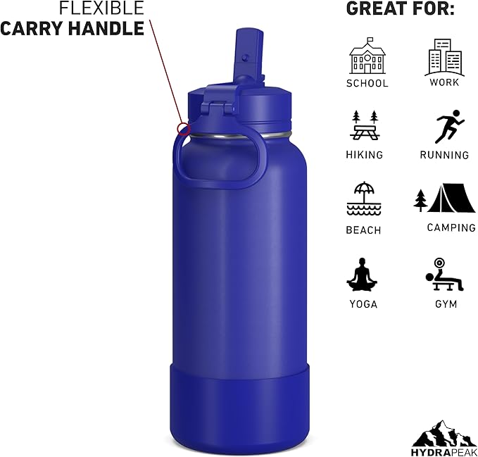 Hydrapeak 32oz Sport Insulated Water Bottle with Straw or Chug Lid, Leak & Spill Proof, Keeps Drinks Cold for 24 Hours, Hot for 12 Hours, Premium Stainless Steel Water Bottles (32oz, Saphire Blue)