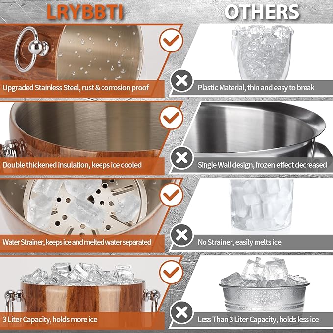 Ice Bucket with Lid, 3L Diamond Bottom Design Double Wall Stainless Steel Insulated Ice Bucket, Champagne Bucket, Wine Bucket for parties, cocktail bar, Teakwood