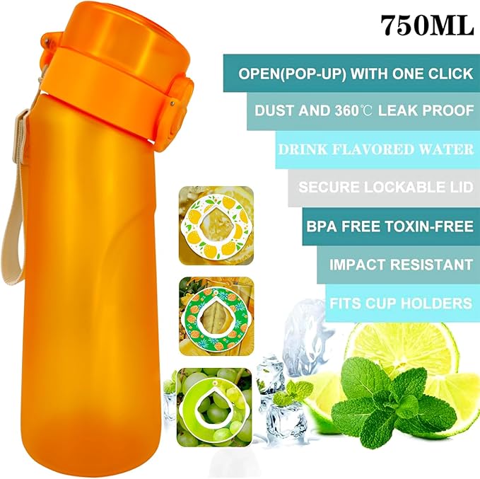 Air Water Bottle,750ML Scent Water Cup with 3 Flavour Pods,Leak Proof Sports Water Cup with Straw Suitable for Outdoor Sports,Gifts From Friends, Birthday Gifts (New Orange + 3pods)