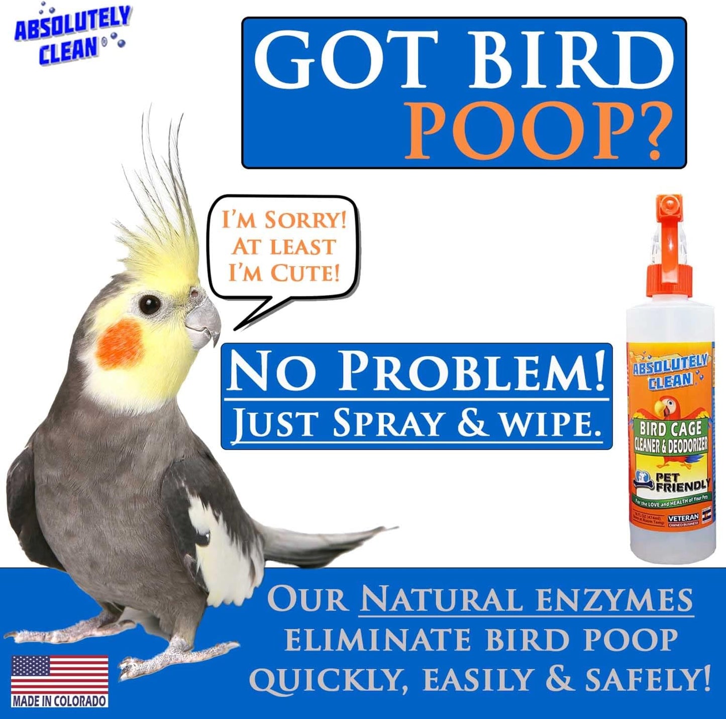 Absolutely Clean Amazing Bird Cage Cleaner and Deodorizer - Just Spray/Wipe - Safely & Easily Removes Bird Messes Quickly and Easily - Made in The US - Fragrance Free - 16oz (Pack of 2)