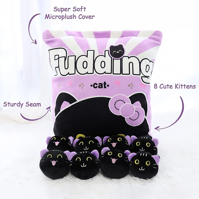 Plush Pillow Throw Pillow, Removable Black Cat Stuffed Animals Plush Toys, Bag of Cat Plushies, Stuffed Cat Plush Pillow Gift for Kids Sofa Chair Decorative Pillow, 8 Cute Black Cat (Purple)