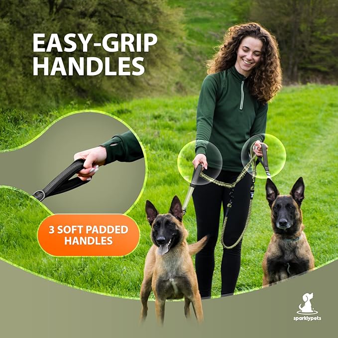 SparklyPets Double Dog Leash for 2 Dogs – Rope Bungee Dual Leash for Medium and Large Breeds with Padded Handles & Tangle Free (Green Range, Medium/Large)