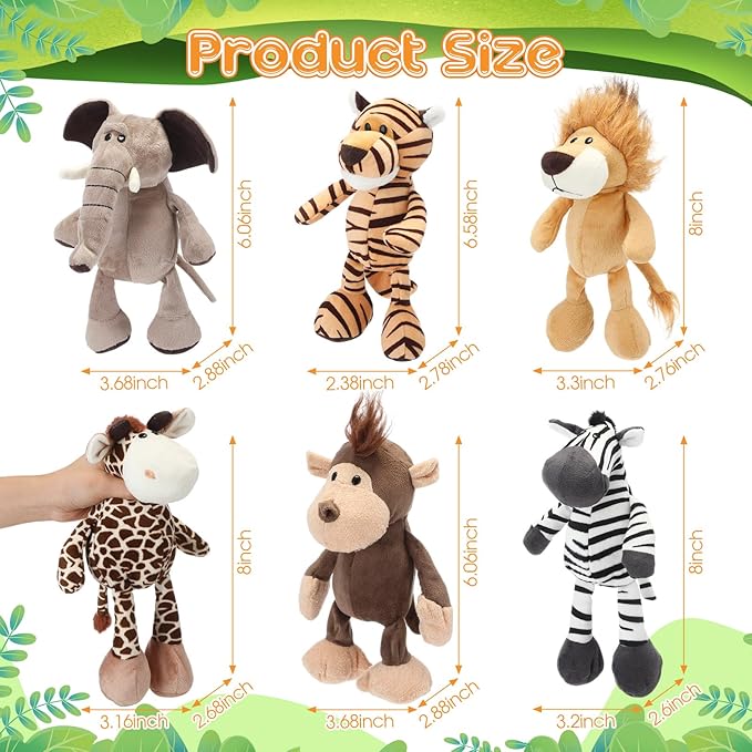 HyDren 12 Pieces Safari Stuffed Animals 8 Inch Jungle Animal Toys Set Boys Girls Plush Forest Animals Lion Elephant Zebra Giraffe Tiger Monkey for Zoo Animal Party Teacher Student Award