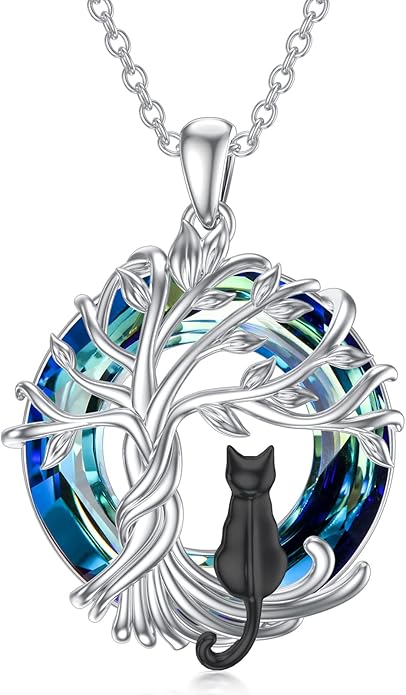 TOUPOP Cat Gifts for Cat Lovers Sterling Silver Cute Cat Tree of Life Pendant Necklace with Blue Circle Crystal Birthday Christmas Jewelry Gifts for Women