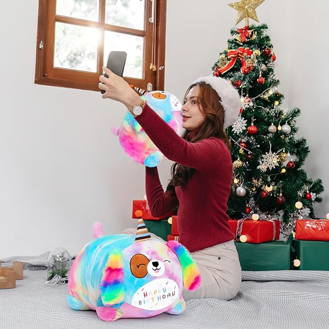 Happy Birthday Dog Plush Toy, Cute Birthday Colorful Puppy Stuffed Animal, Dog Plush Pillow for Girls Kids(Dog, 25cm/9.8inch)