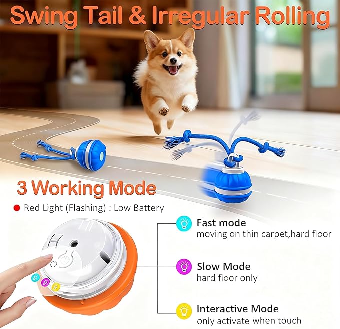 2pcs P06 Interactive Dog Toys Dog Balls, Electric Automatic Moving and Rolling Dog Toy with Rope for Small Medium Dogs, Fun Smart Puppy Toy s for Boredom & Training, Dog Toys to Keep Them Busy (B+O)