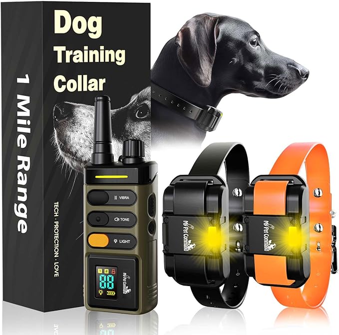 My Pet Command Long Range Dog Training Collar with Remote 1 Mile/5280 Ft Safe Shock, Vibrate, Tone collar with Flashing Beacon Lights Rechargeable Waterproof Dog collar with remote add Up to 2 Collars