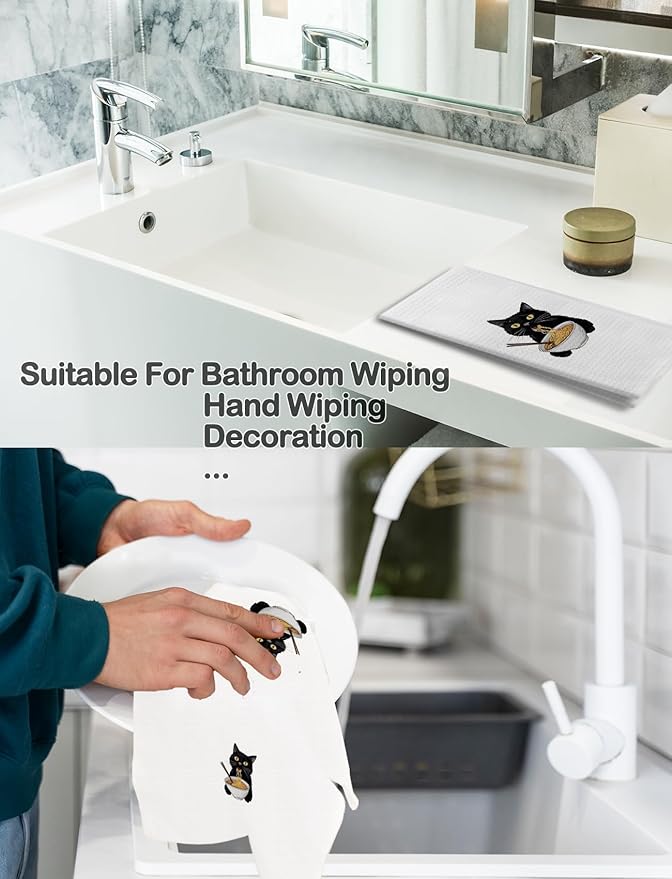 Funny Black Cats Kitchen Towels, Cat Gifts for Women Hand Towels for Bathroom Decor, Cute Black Kitten Decorative Dish Tea Towels for Kitchen, 16x24 Inch Set of 2