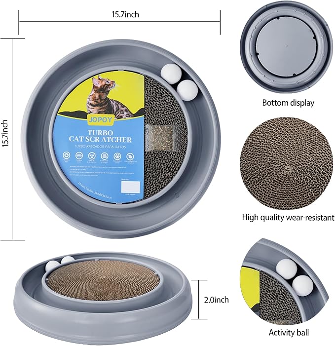 Interactive Cat Scratcher with Two Rotating Balls,Durable Scratch Pad for Indoor Play,Cardboard Cat Scratcher Pad with Cat Toy Ball Track and Catnip,2-in-1 Cat Toy (Grey)