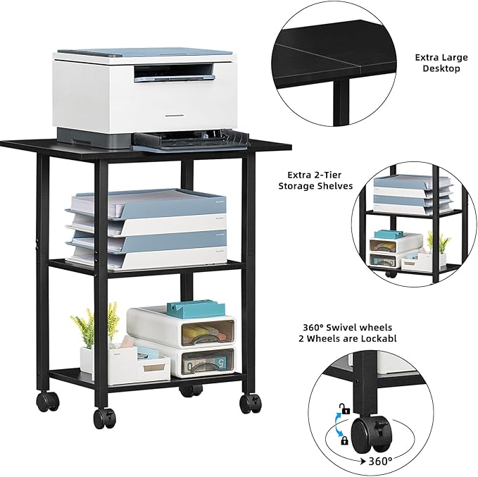Lerliuo 3-Tier Printer Stand, Industrial Mobile Printer Table with Storage Shelf and Steel Frame, Rolling Printer Cart Holder with Lockable Wheels for Home, Office (Black)