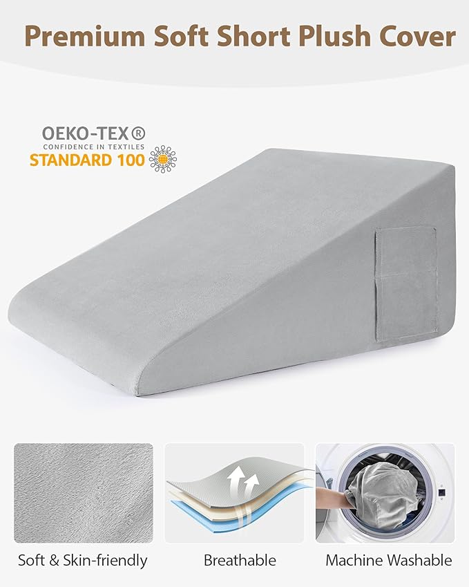 Wedge Pillow for Sleeping, 12 Inch Bed Wedge Pillo, Memory Foam Top Triangle Pillow Wedge for Head, Back, Leg with Washable Cover
