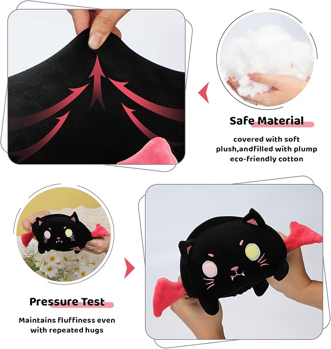 AIXINI Cute Black Cat Plush Pillow 8” Black Kitten Stuffed Animal with Luminous Eyes, Fat Soft Kawaii Plushies Hugging Plush Pillow Toy Gifts