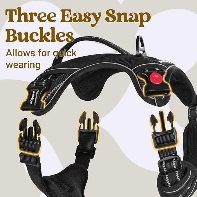 rabbitgoo Dog Harness for Large Dogs, No Pull Pet Harness with Soft Padded Handle, Adjustable Reflective Vest with 3 Buckles, Easy Walking Harness with 2 Leash Clips, Black, L