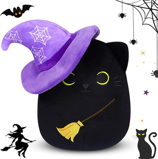 Black Cat Plush, 8Inch Black Cat Stuffed Animals with Witch Hat, Cute Black Cat Plushie Doll, Soft Stuffed Cat Plush Toys for Kids Boys Girls Birthday Christmas Party Favor Decoration