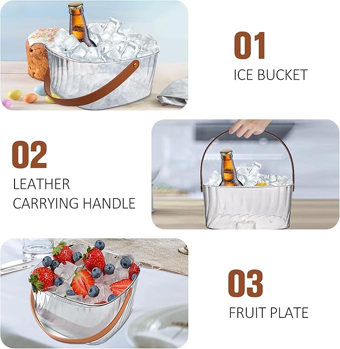 Ice Bucket for Parties, Ice Bucket Bar Beer 6L, Clear Plastic Champagne Bucket with Leather Carrying Handle, Square Ice Bucket with Scoop for Cocktail Bar, Parties, Drinks, Wine, Beer Bottles