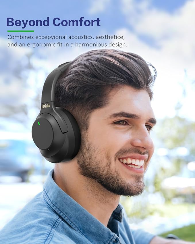 iDiskk E11 Hybrid Active Noise Cancelling Headphones, Wireless Bluetooth Headphones, with Microphone Deep Bass, 60H Playtime,Hi-Res Audio Wireless Headsets for Flight Trips,Studying (Green Stripe)