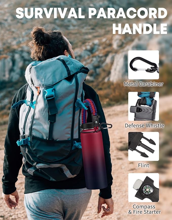 Insulated Water Bottle 40oz with Straw - Paracord Handle, Flex Cap, Bottle Holder with Strap & Silicone Cup boot, Vacuum Stainless Steel Water Bottles, Gym Water Flask Metal Jug Keep Cold 48H Hot 24H