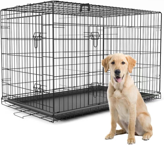 PetsTuff GREAT CRATES 48” XX-Large Dog Crate - Heavy-Duty Dog Kennel With Divider Panel For Pets 90-110lbs - Durable Leaf-Proof Tray - Foldable, Carry Handle & Wheels For Easy Moving - 2 Door Dog Cage