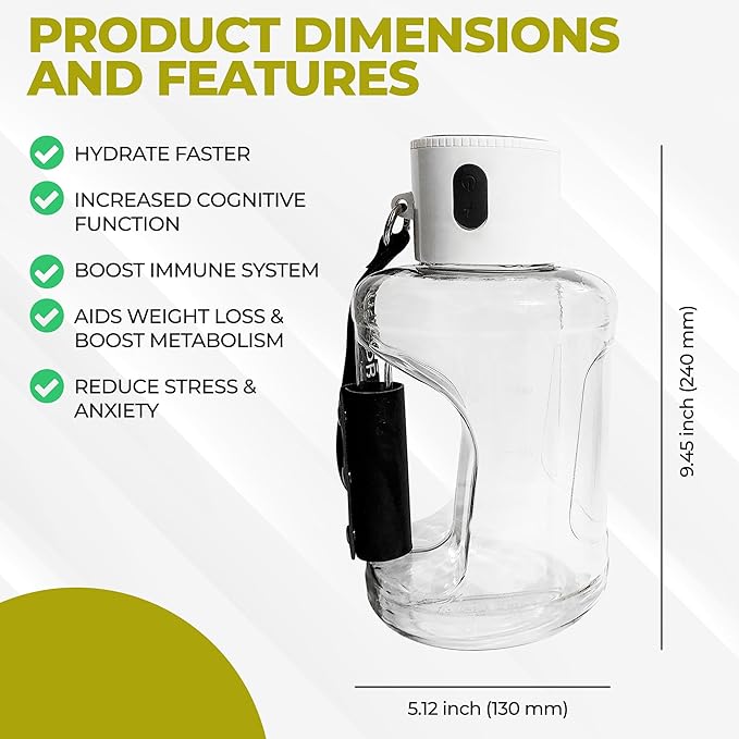 Hydrogen Water Bottle with TDS Meter & Portable Hook - High-Capacity, BPA-Free, Alkaline Water Generator, Leakproof, Ideal for Travel, Sports, College Students