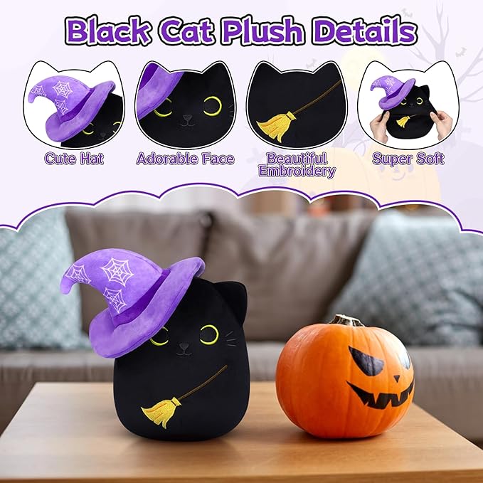Black Cat Plush, 8Inch Black Cat Stuffed Animals with Witch Hat, Cute Black Cat Plushie Doll, Soft Stuffed Cat Plush Toys for Kids Boys Girls Birthday Christmas Party Favor Decoration