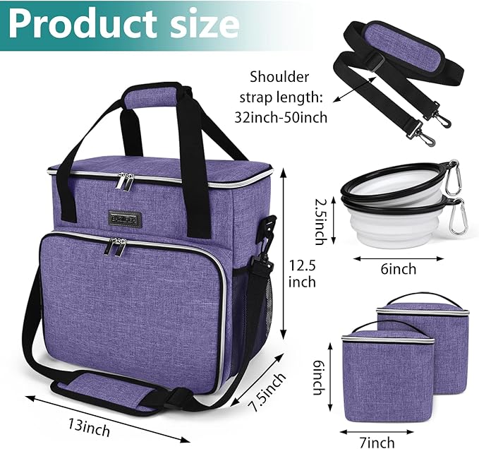 BAGLHER Dog Travel Bag, Pet Travel Bag (ALL Pet Travel Supplies), With 2 Pet Food Containers and 2 Collapsible Silicone Bowls; Essential Kits for Pet Travel Purple