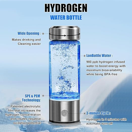 Hydrogen Water Bottle Portable, Hydrogen Water Bottle Generator USB Rechargeable, Hydrogen Water Ionizer Machine Health Cup for Home Travel (Silver)