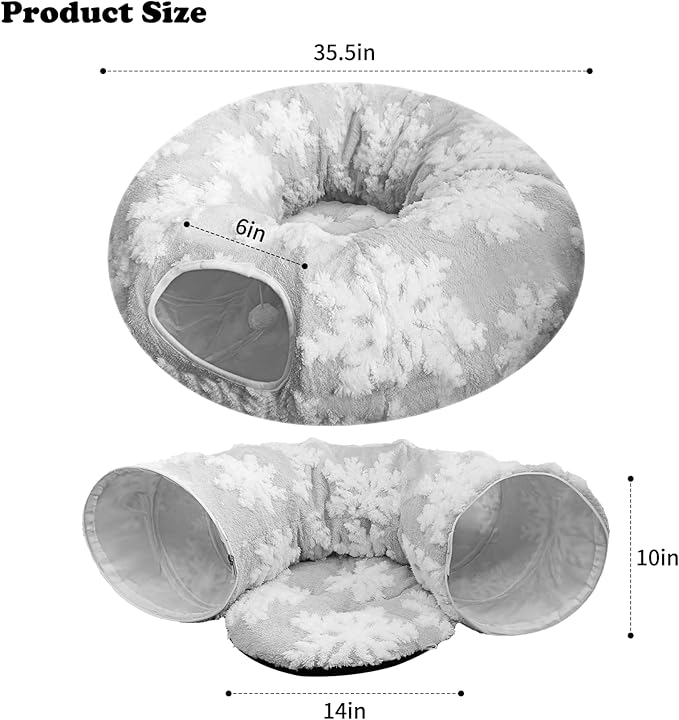 Cat Tunnel Bed for Indoor Cats, Cute Cat Donut Tunnel with Washable Circle Cushion, Under Christmas Tree Soft Plush Peekaboo Cat Cave Toy for Kitten, Puppy, Rabbit (Grey)