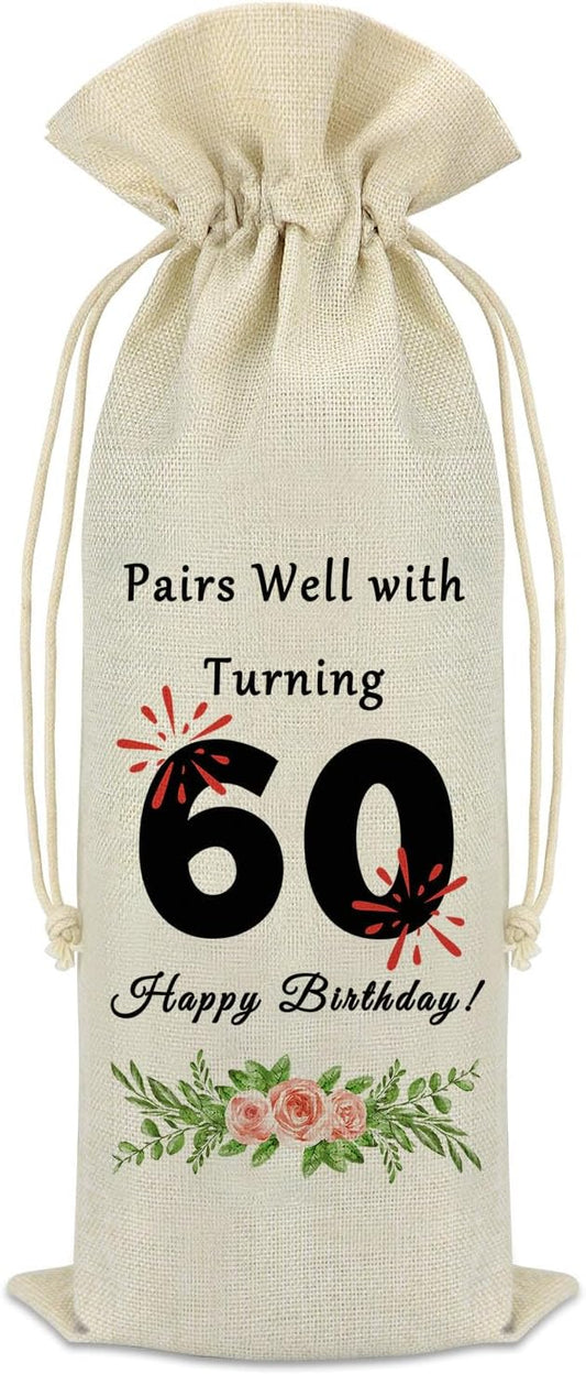60th Birthday Gift for Women Men Happy 60th Birthday Decorations Wine Bag 60 Years Old Birthday Gift Ideas for Friends Dad Mom Husband Wife Pairs Well with Turning 60 Sixty Birthday Wine Bottle Bag
