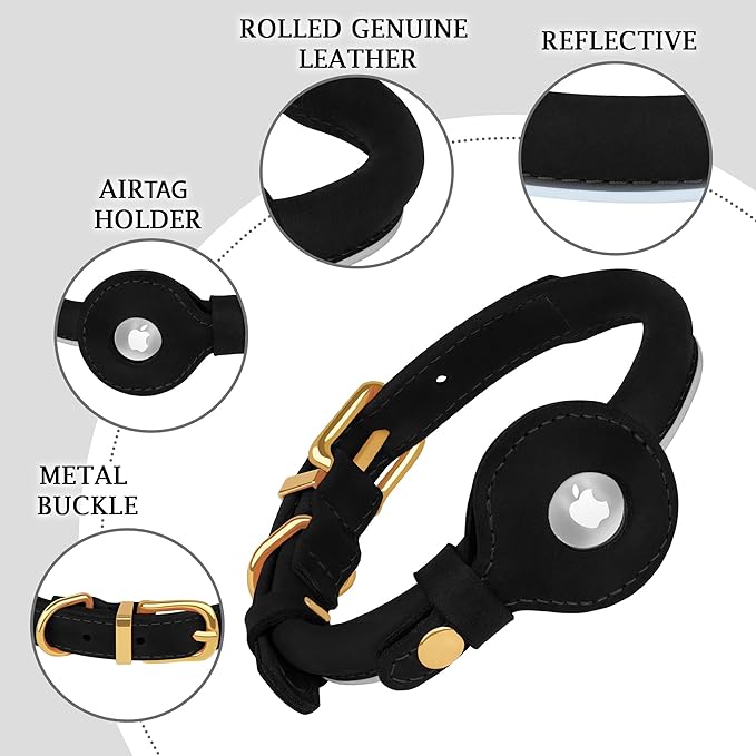 OOPSDOGGY Rolled Leather Dog Collar with Airtag Holder - Reflective Round Airtag Dog Collar - Soft Tracking Pet Collar for Small Dogs Puppy Cats Kitten (Black, XXL, 20"-24")