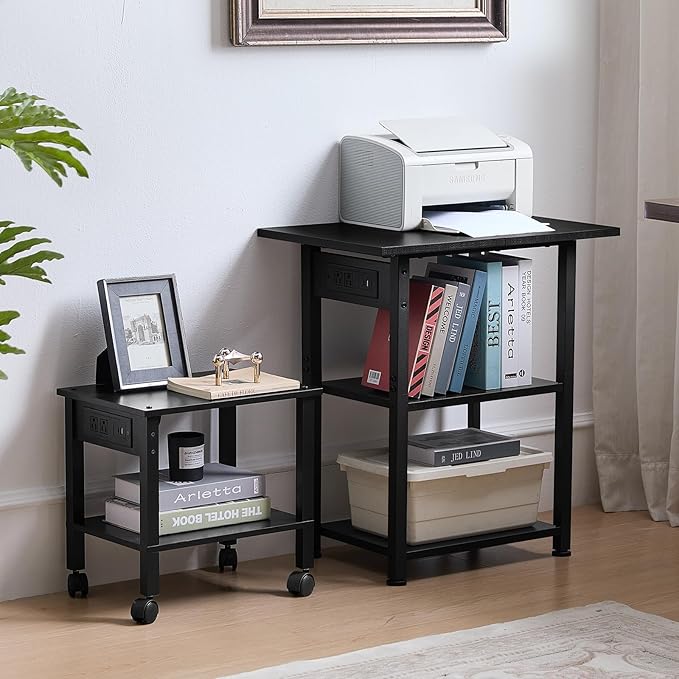Lerliuo 3-Tier Printer Stand with Charging Station, Industrial Mobile Printer Table with Storage Shelf and Steel Frame, Rolling Printer Cart Holder with Lockable Wheels for Home, Office (Black)