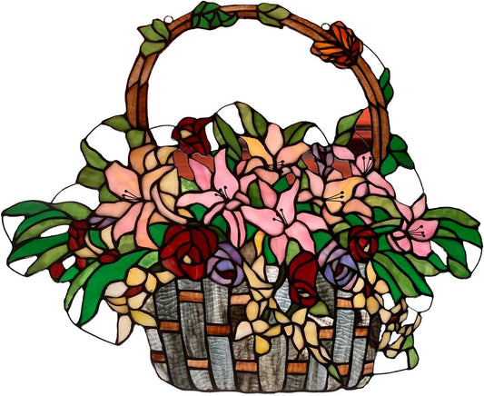 Bieye W10037 Lily and Rose Flower Gaily Decorated Basket Tiffany Style Stained Glass Window Panel with Chain, 24" W x 20" H