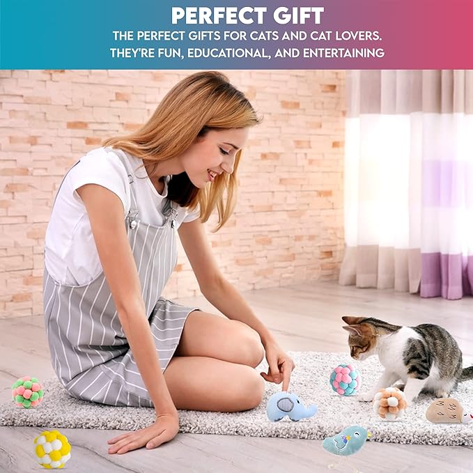 9PCS Cat Toys Set – Plush Balls & Catnip Toys for Indoor Cats and Kittens, Interactive Lightweight Play Balls with Bell, Soft & Durable Kitten Toys for Exercise and Fun