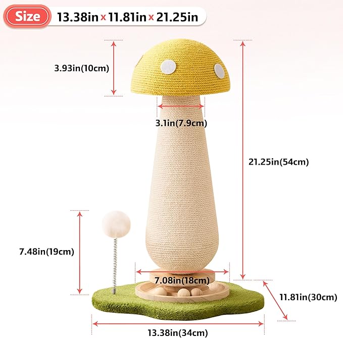 Mushroom Cat Scratching Post Cat Tree, 21.5‘’ H Cute Cat Scratcher Tower with Durable Solid Wood Turntable Toy, Lemon Yellow Mushroom Scratch Post Cat Sisal Scratcher with Catnip for Indoor Cats